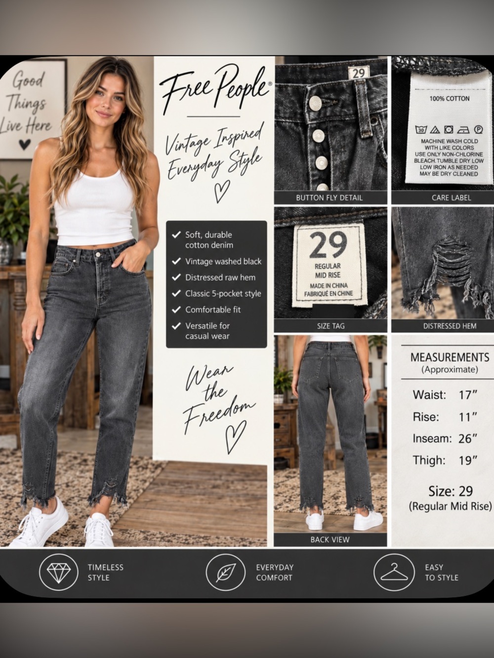 Free People Vintage Washed Black High-Rise Jeans with Distressed Raw Hem